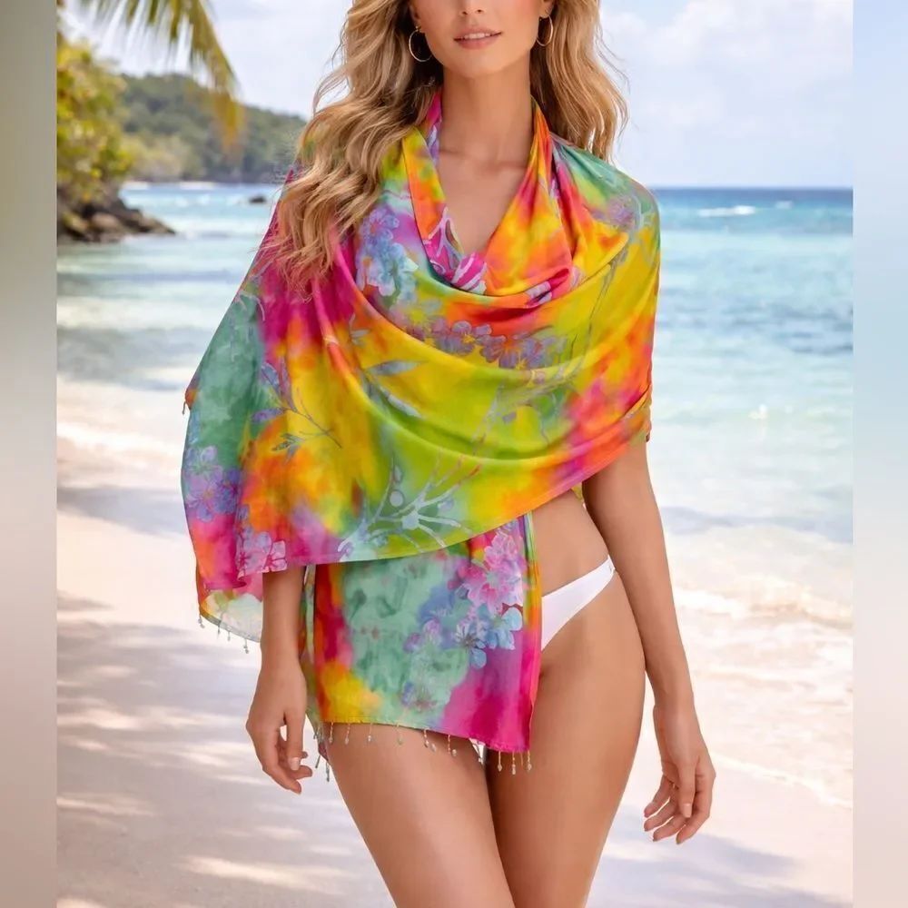 Colorful Floral Rayon Wrap Shawl Scarf Boho Tropical Lightweight 21 x 71